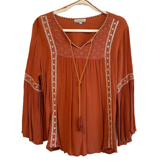 ๐ด Burnt Orange Embroidered Bohemian Peasant Tunic Top, Size L - Picture 2 of 9